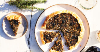Escarole Galette with Black Olives and Pine Nuts