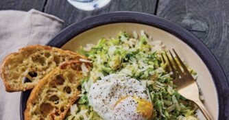 Warm Brussels Sprout Caesar with Poached Egg