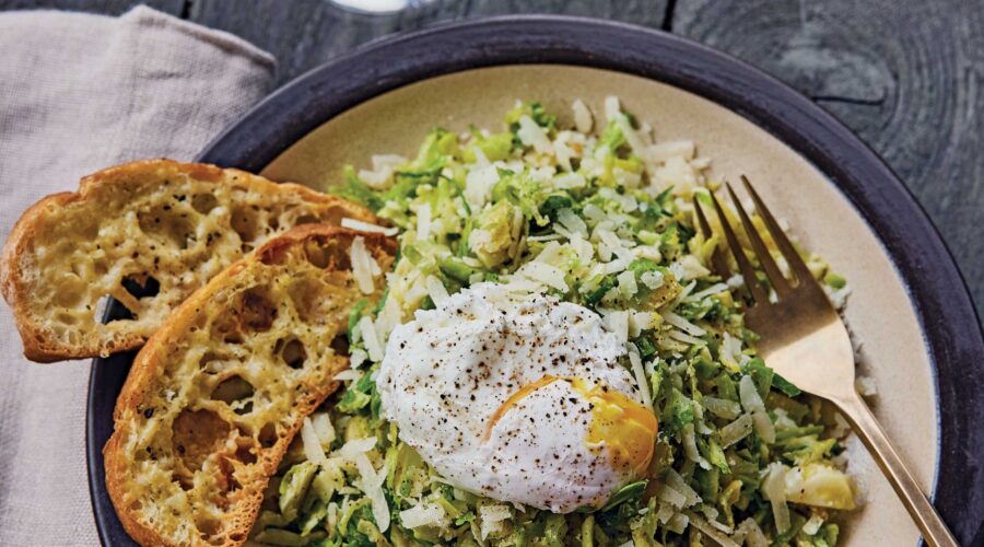 Warm Brussels Sprout Caesar with Poached Egg